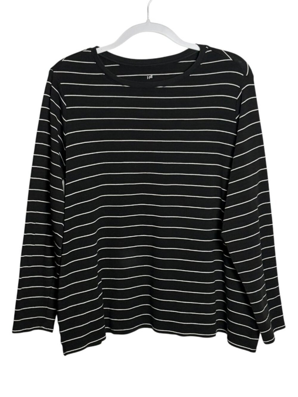 J Jill Size Xl Petite Long Sleeve Pima Crew Neck Tee Black White Stripes Casual